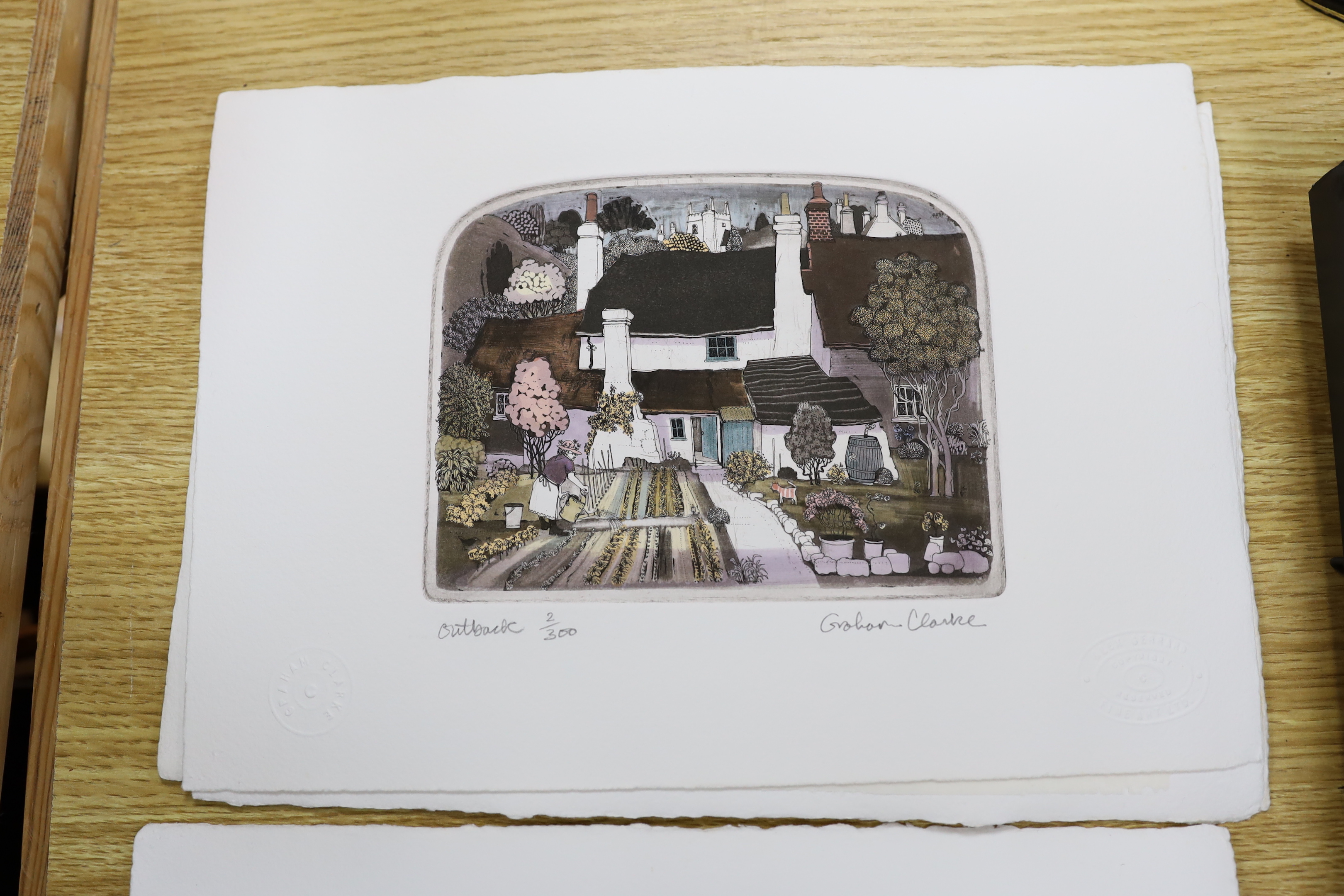 Graham Clarke (b.1941) set of eight colour etchings, including 'Morning Rush', 'Mother Hen' and 'Groundsman', each signed in pencil, with blindstamps and limited edition of 300, 33 x 23cm, unframed
